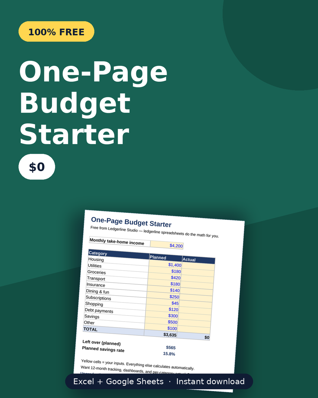 Free budget template for Google Sheets — One-Page Budget Starter spreadsheet