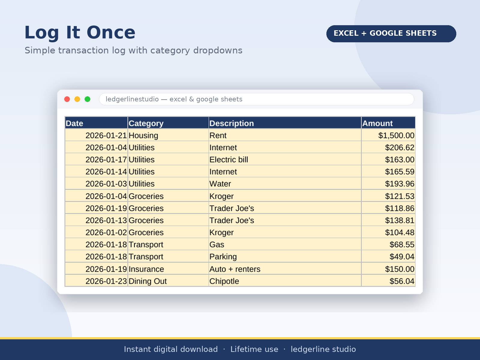 Transaction log with category dropdowns in the budget spreadsheet
