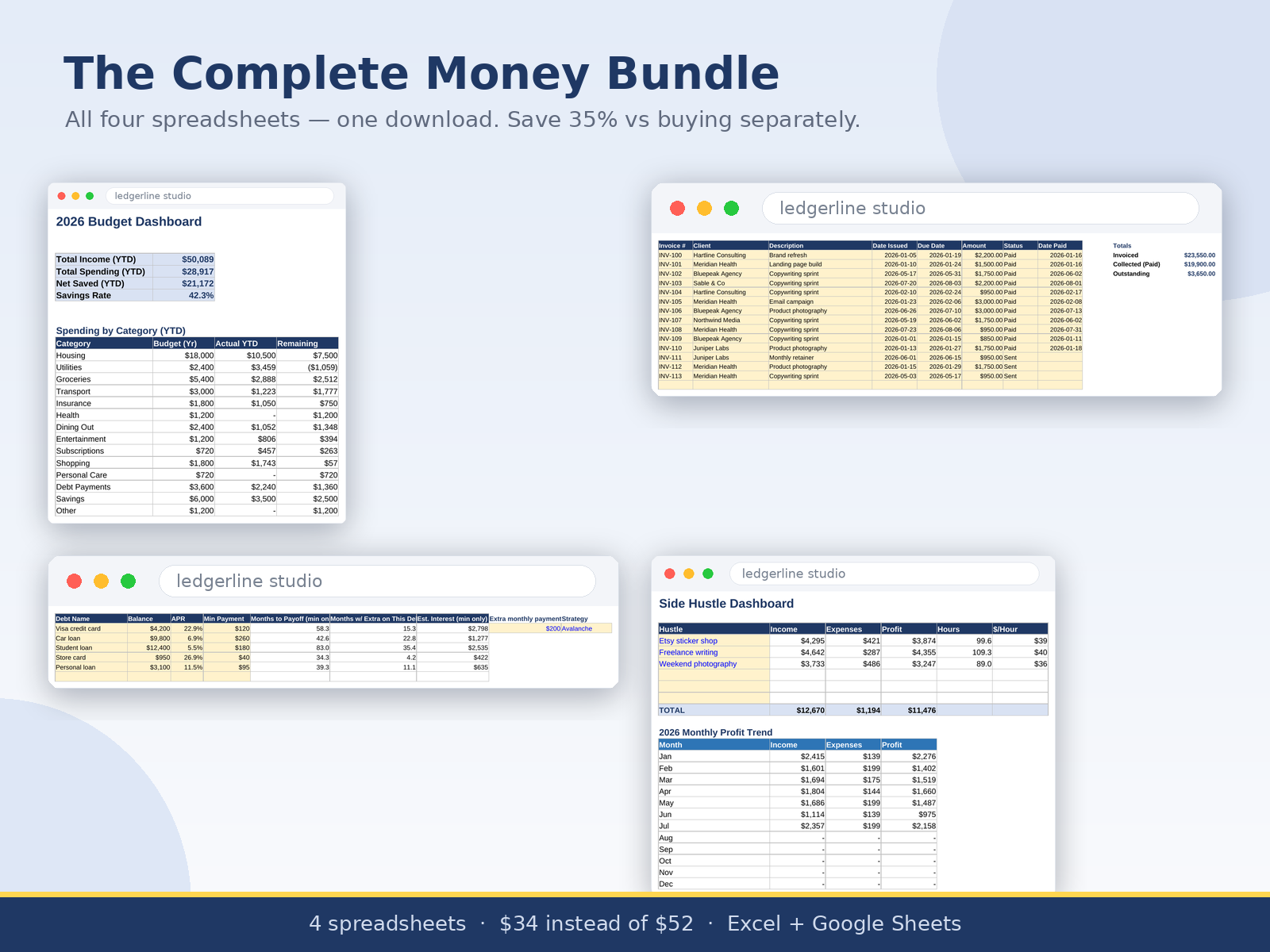 All four finance spreadsheet dashboards in the complete money bundle