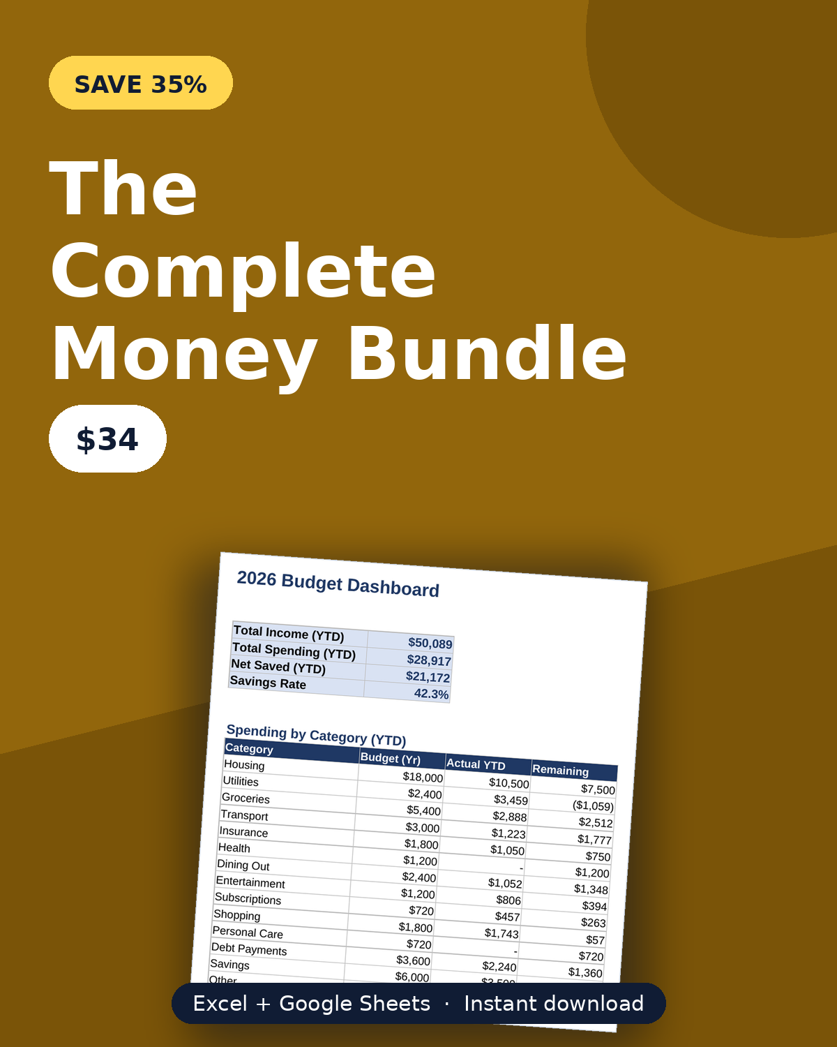 Complete money bundle cover — four finance spreadsheets for $34, save 35%