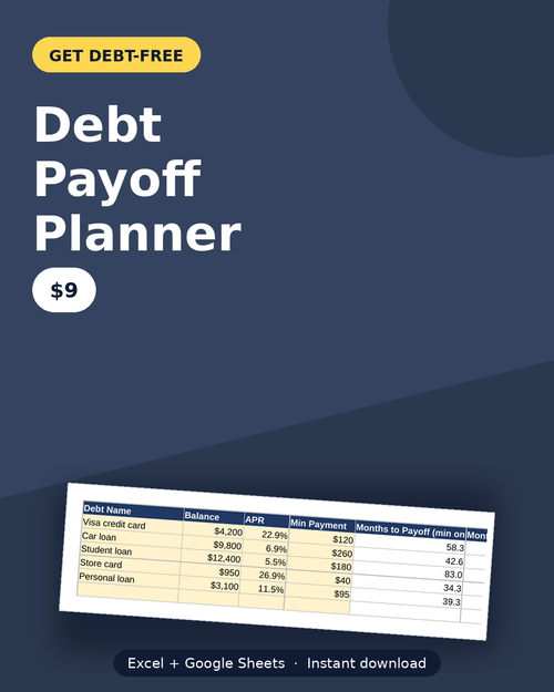 Debt payoff planner spreadsheet cover — snowball and avalanche calculator, $9