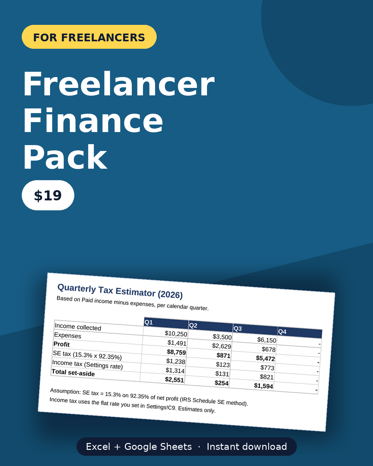 Freelancer finance spreadsheet cover — income tracker, tax estimator, invoice template