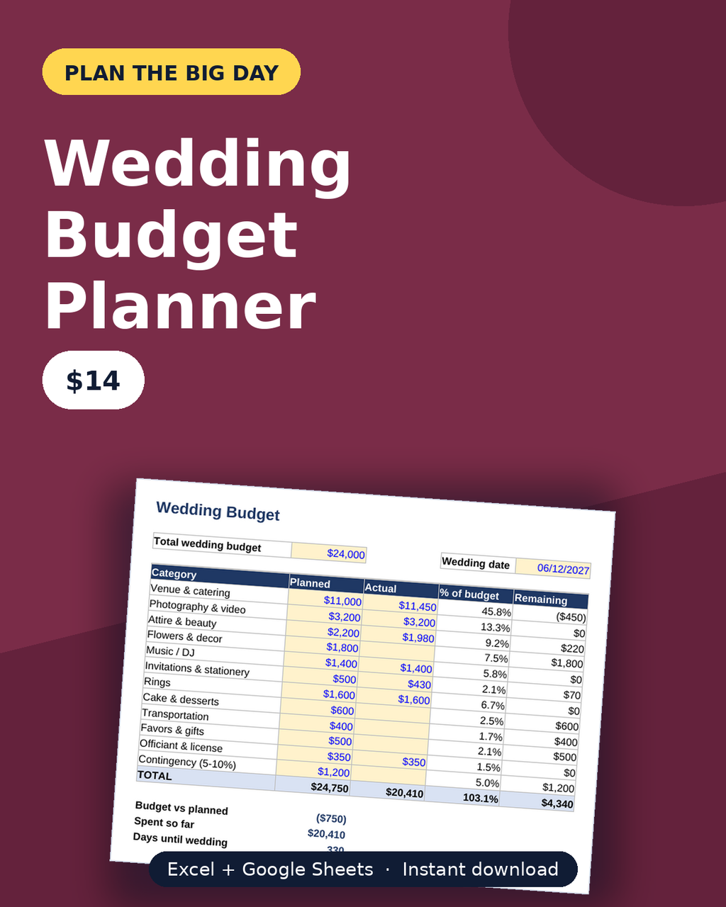 Wedding budget planner spreadsheet cover — Excel and Google Sheets, $14