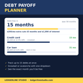 Debt Payoff Planner spreadsheet - debt-free in 15 months instead of 58, snowball and avalanche payoff timelines