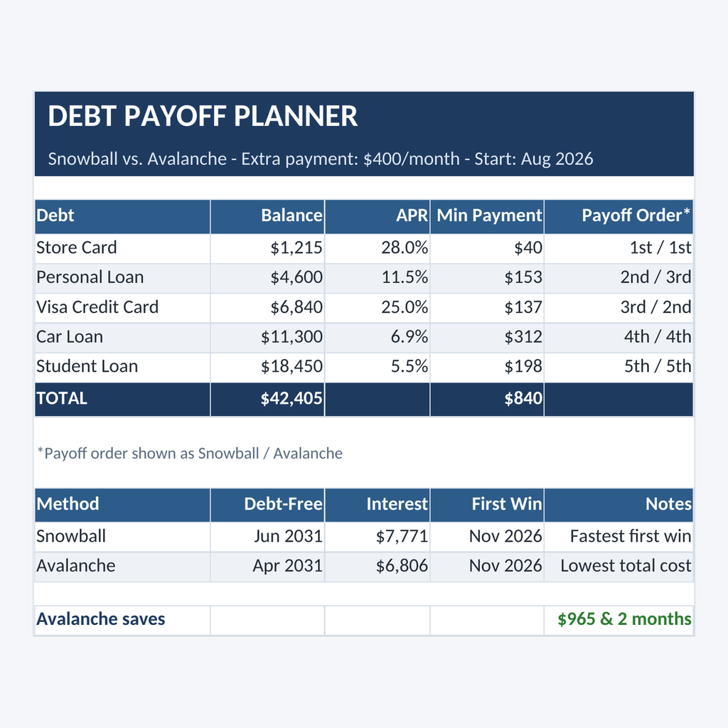 Filled-in Debt Payoff Planner example: 5 debts with balances and APRs, snowball vs avalanche comparison