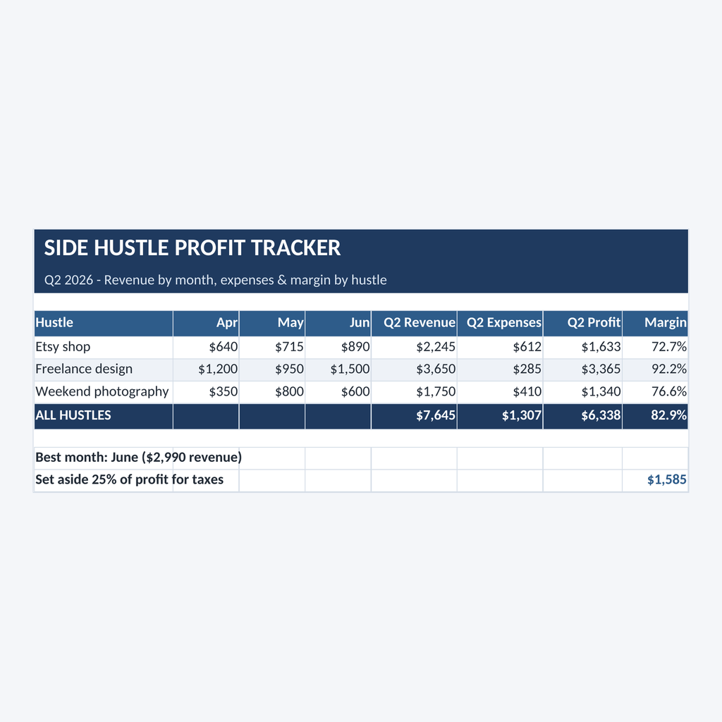 Filled-in Side Hustle Profit Tracker example: Q2 revenue, expenses and margin across three hustles
