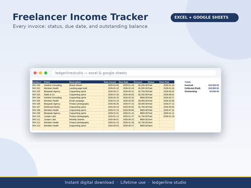 Freelancer income tracker with invoice status and outstanding balance
