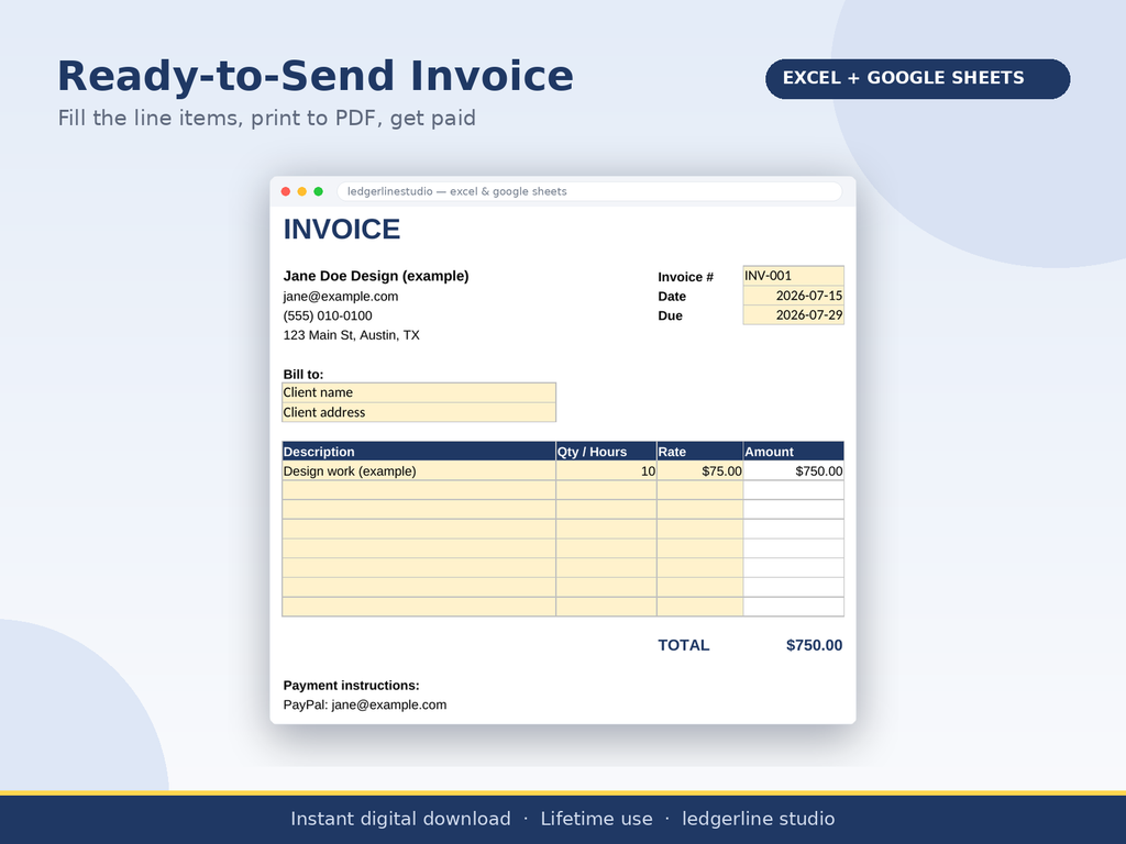 Ready-to-send invoice template that fills itself from your business settings