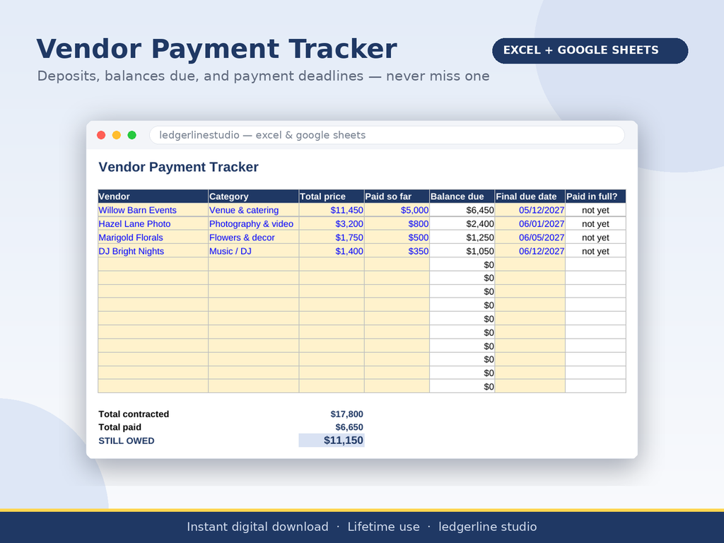Vendor payment tracker with deposits, balances due, and payment deadlines